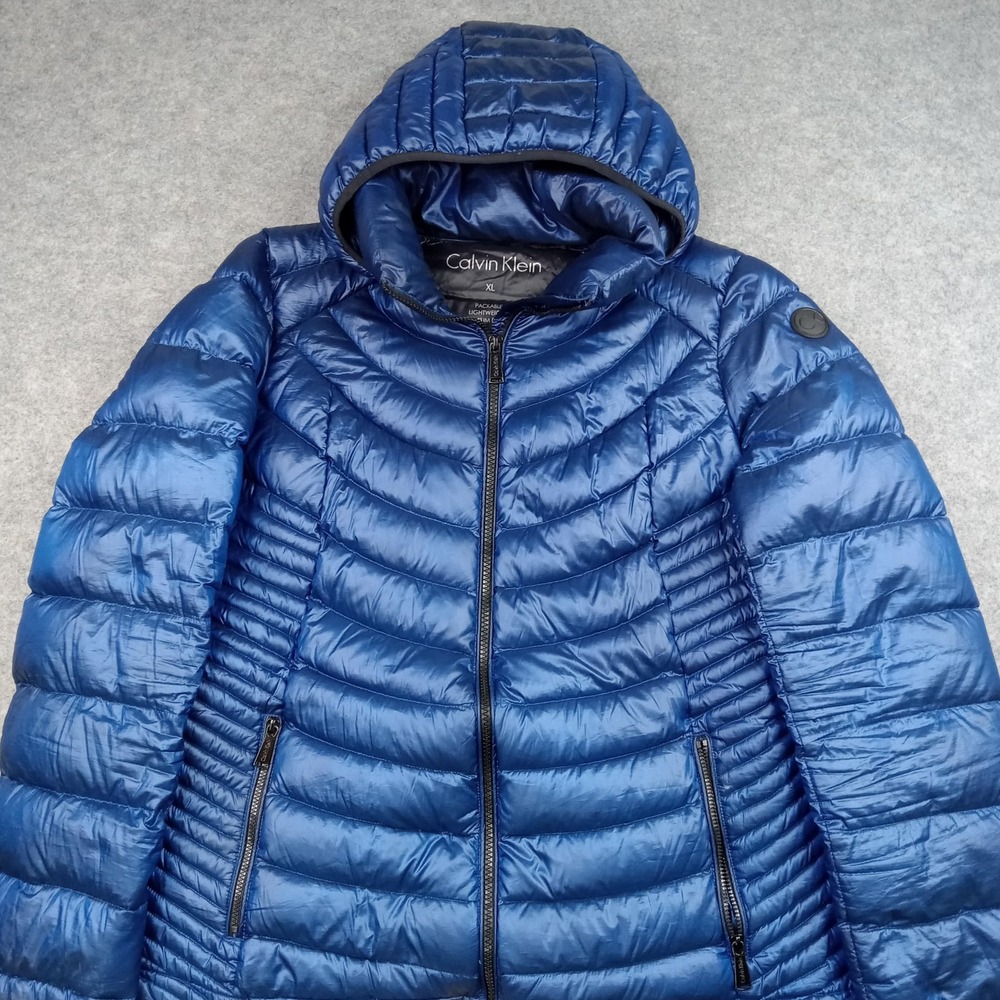 Calvin Klein Jacket Womens XL Blue Packable Lightweight Down Hooded Puffer